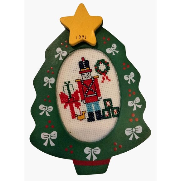 Cross Stitch Christmas Tree Ornament Soldier 1991 Vintage Grannycore - Picture 1 of 3